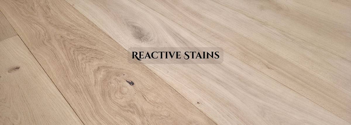 Close up of our Engineered European oak Verbier bare with the words "Reactive Stains" super imposed at center.