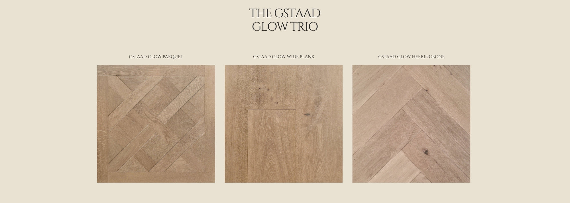 An infographic for the Engineered European Oak Gstaad Glow product line.