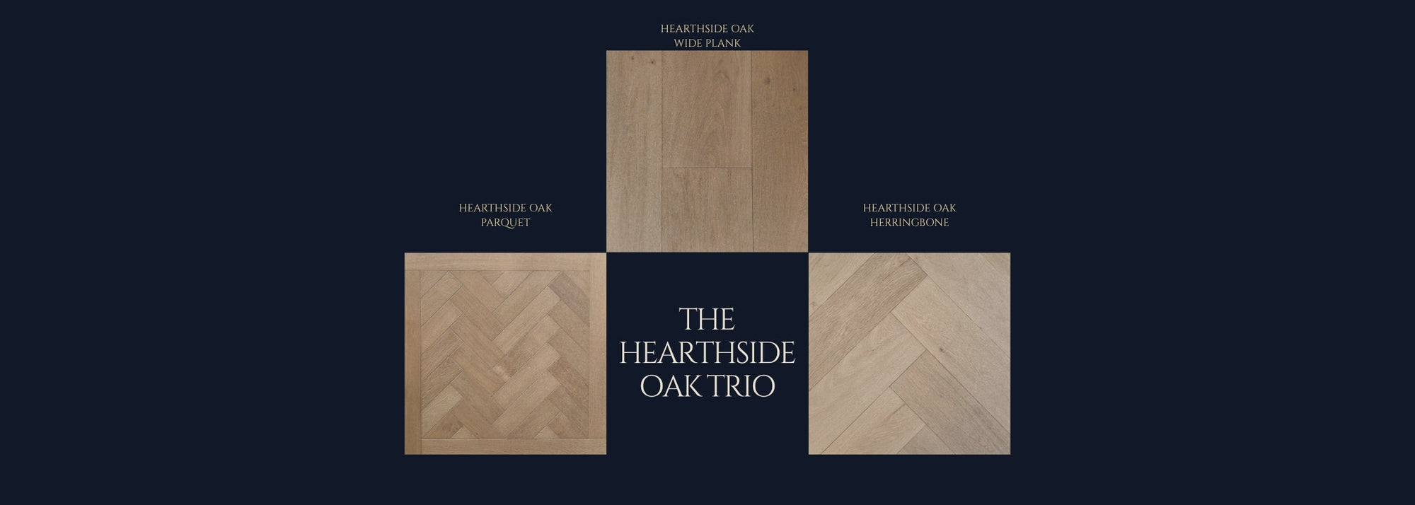 Shows our engineered european oak hearthside oak trio with labels. Photo includes wide plan, herringbone and parquet formats. 