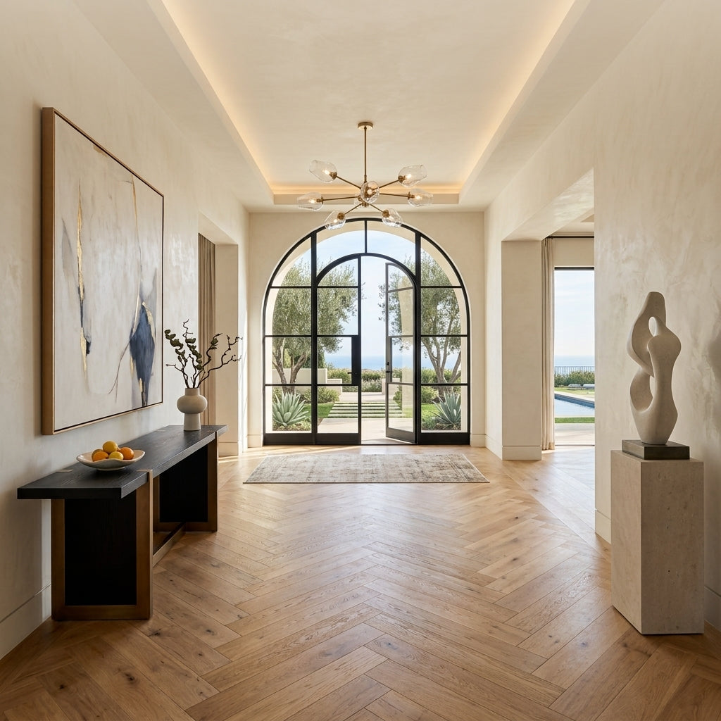 Elegant Mediterranean hallway with light herringbone floors. A grand arched doorway reveals a lush garden and ocean horizon. Features a floating console, abstract art, and sculpture.