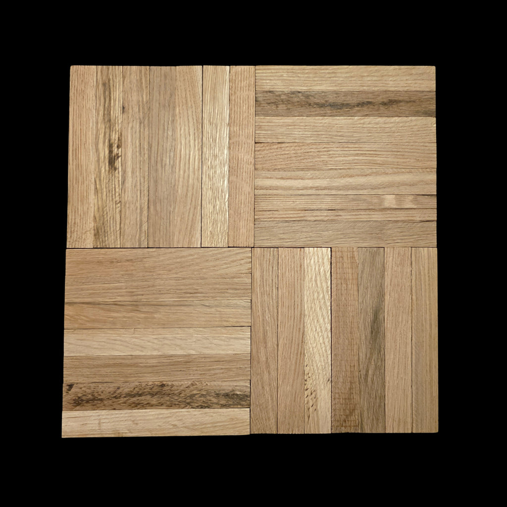 A single 12"x12" - 7 finger - White Oak Parquet Tile. Shown with a black background.