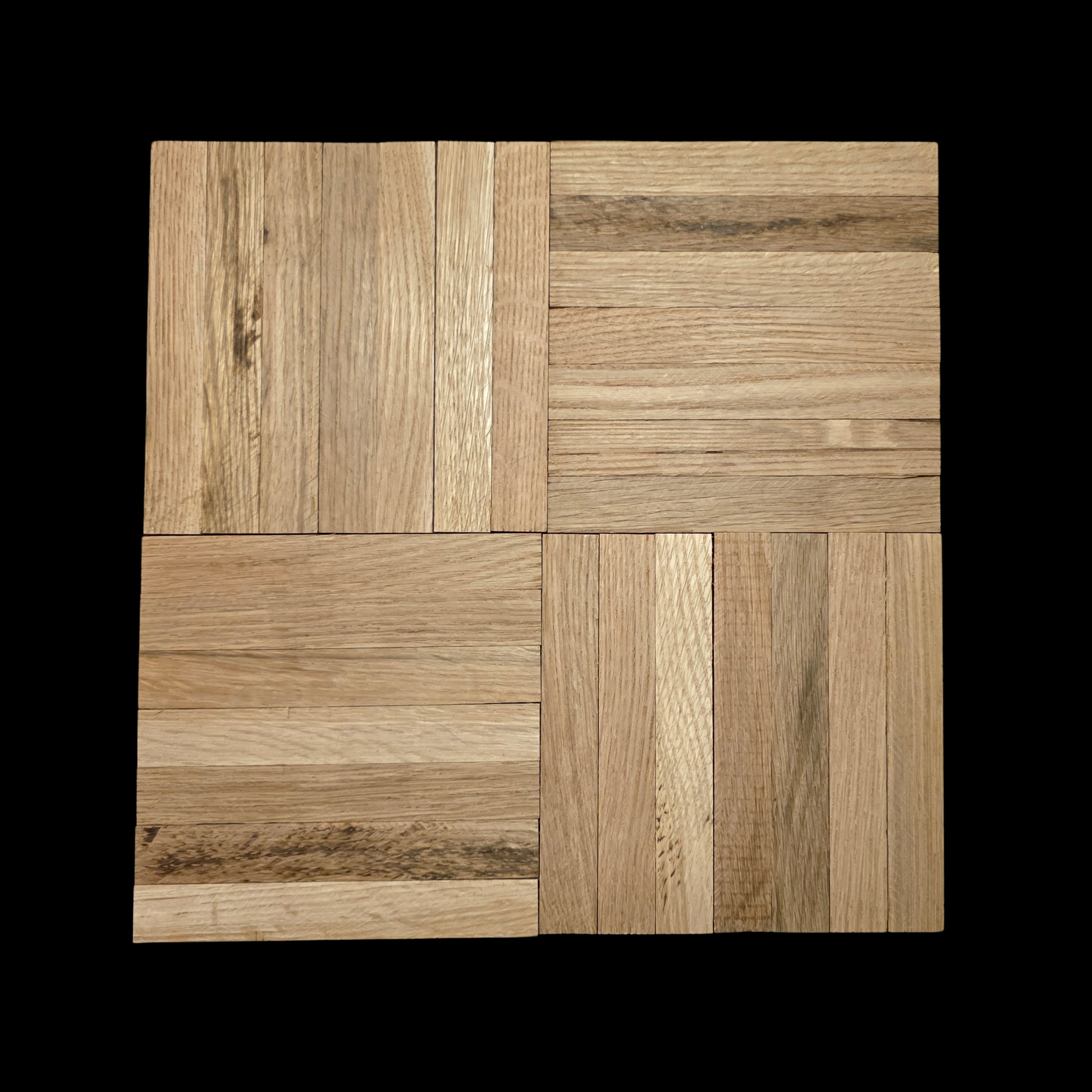 A single 12"x12" - 7 finger - White Oak Parquet Tile. Shown with a black background.