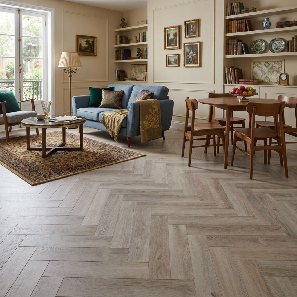 A styled living room featuring light gray herringbone wood flooring, a blue sofa, wooden dining furniture, and built-in shelves with books and decor. This is an Ai Image based on Ancestral Drift - Herringbone.