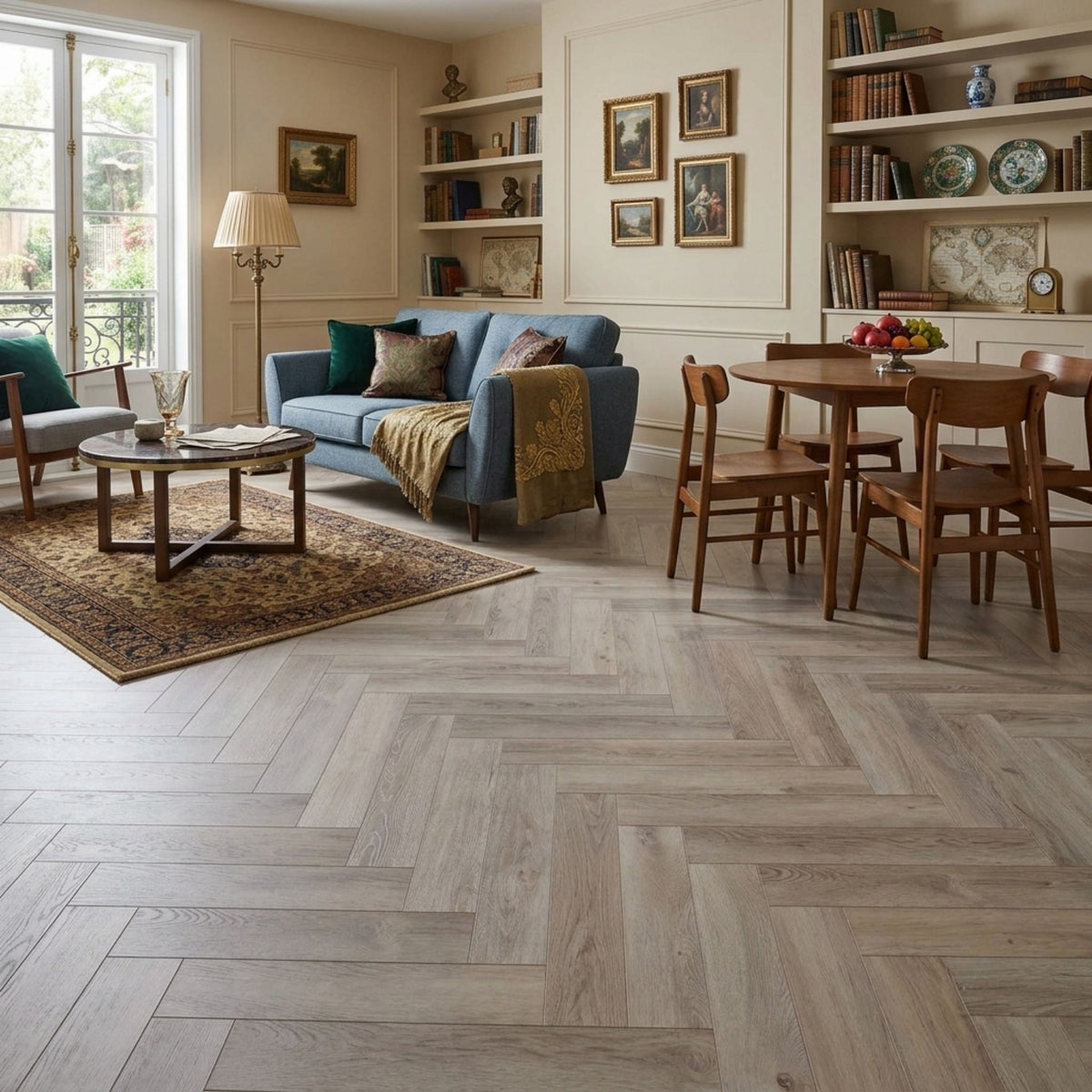 A styled living room featuring light gray herringbone wood flooring, a blue sofa, wooden dining furniture, and built-in shelves with books and decor. This is an Ai Image based on Ancestral Drift - Herringbone.