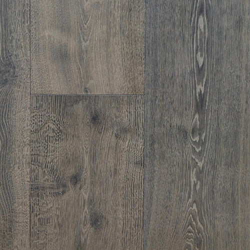 Dark gray wooden flooring planks with real grain patterns, knots, and weathered textures. Engineered European Oak Wide Plank Baronial Dusk Flooring is the product shown. 