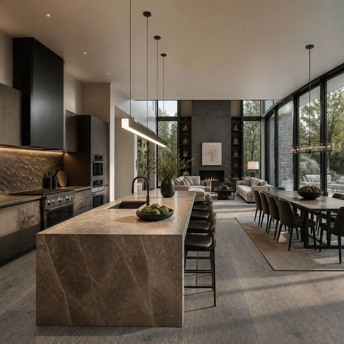 A modern open-plan kitchen and dining area with a large stone-topped island, dark cabinetry, pendant lights, and floor-to-ceiling windows overlooking a living room and patio. Baronial Dusk - Wide Plank is the product featured as the flooring.