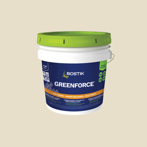Bostik GreenForce Adhesive, Blue wrapper, White bucket with green lid. 