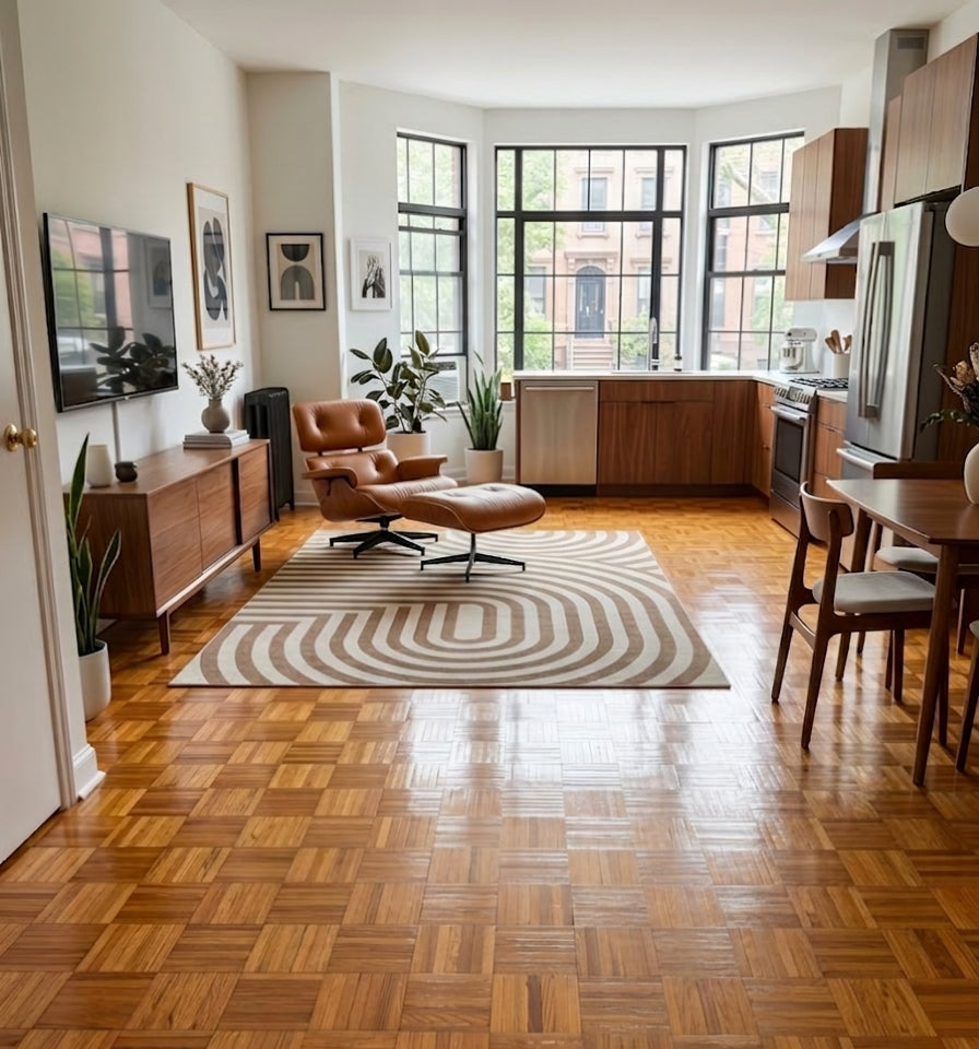 A bright, modern open-plan apartment interior with glossy medium-brown wood parquet flooring in the foreground, a cream and brown patterned area rug, a brown leather lounge chair with an ottoman, and a kitchen area in the background.