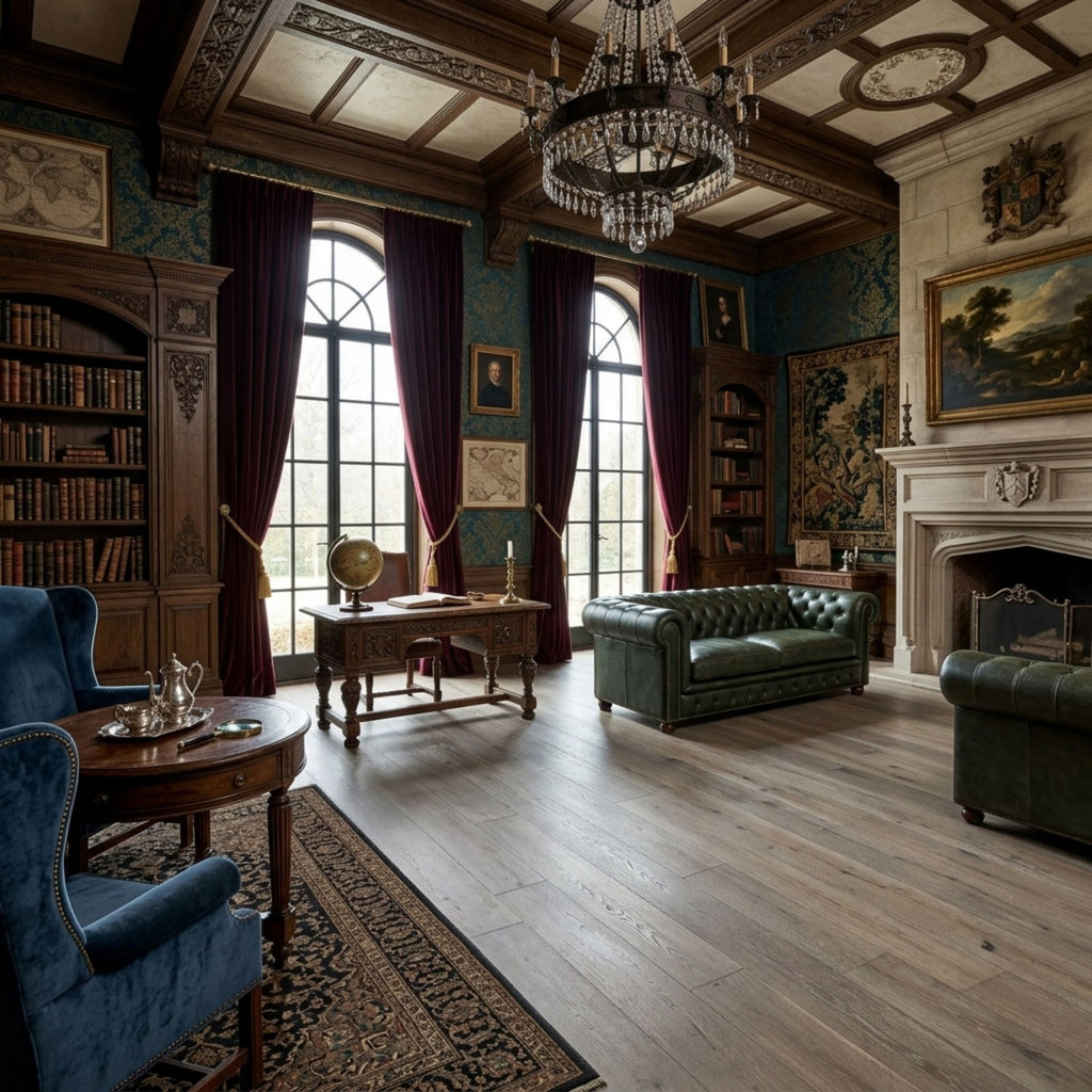 A grand, elegant study or library with dark wood bookshelves, a large crystal chandelier, arched windows with deep burgundy drapes, a green tufted sofa, and a fireplace with a landscape painting. Engineered European Oak Wide Plank Flooring Ember Valley was used for this ai image.