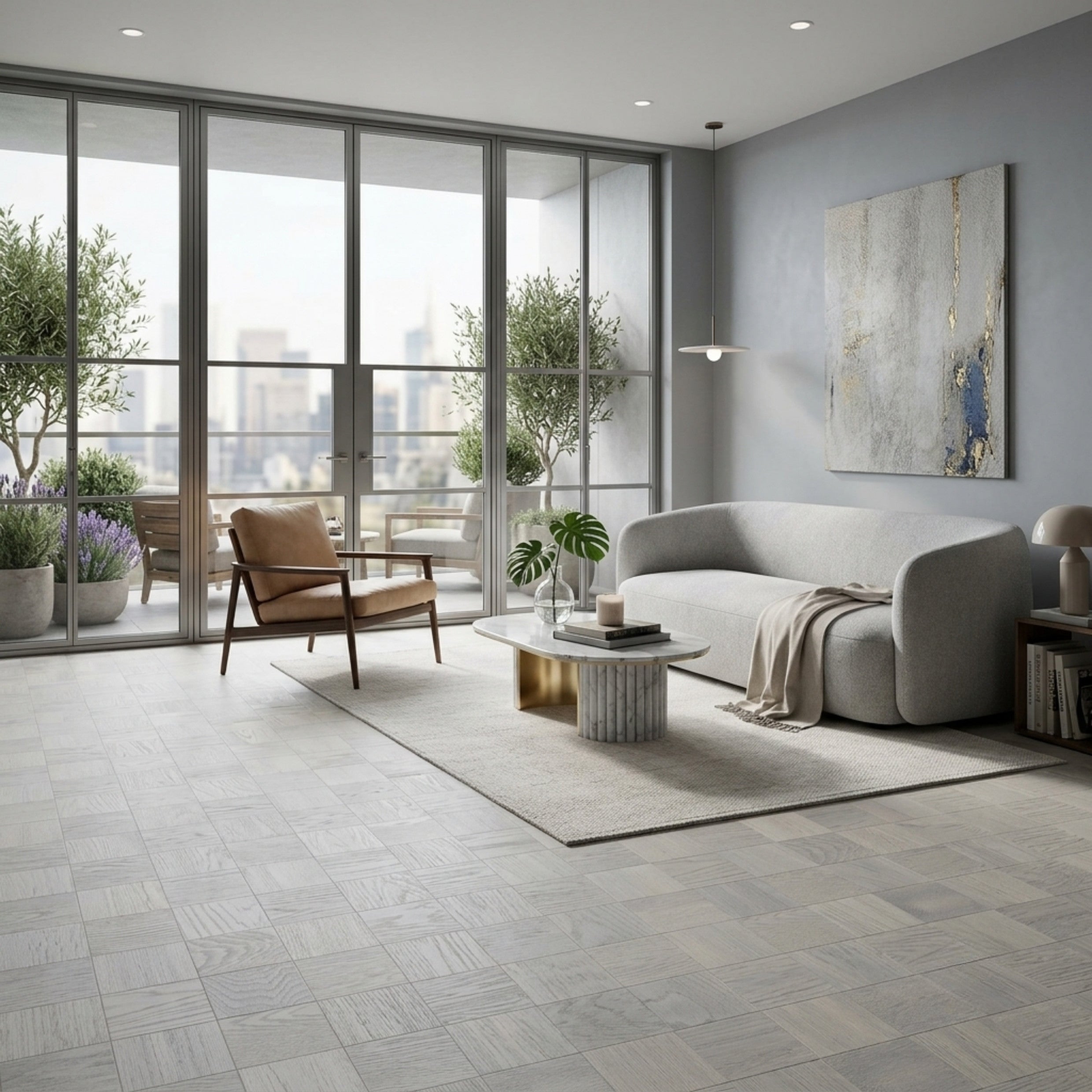 Light gray wood-look plank flooring shown in a modern, bright living room with a gray sofa, brown accent chair, and large floor-to-ceiling windows. This is an Ai image of Engineered European Oak Loire Mist Parquet flooring.