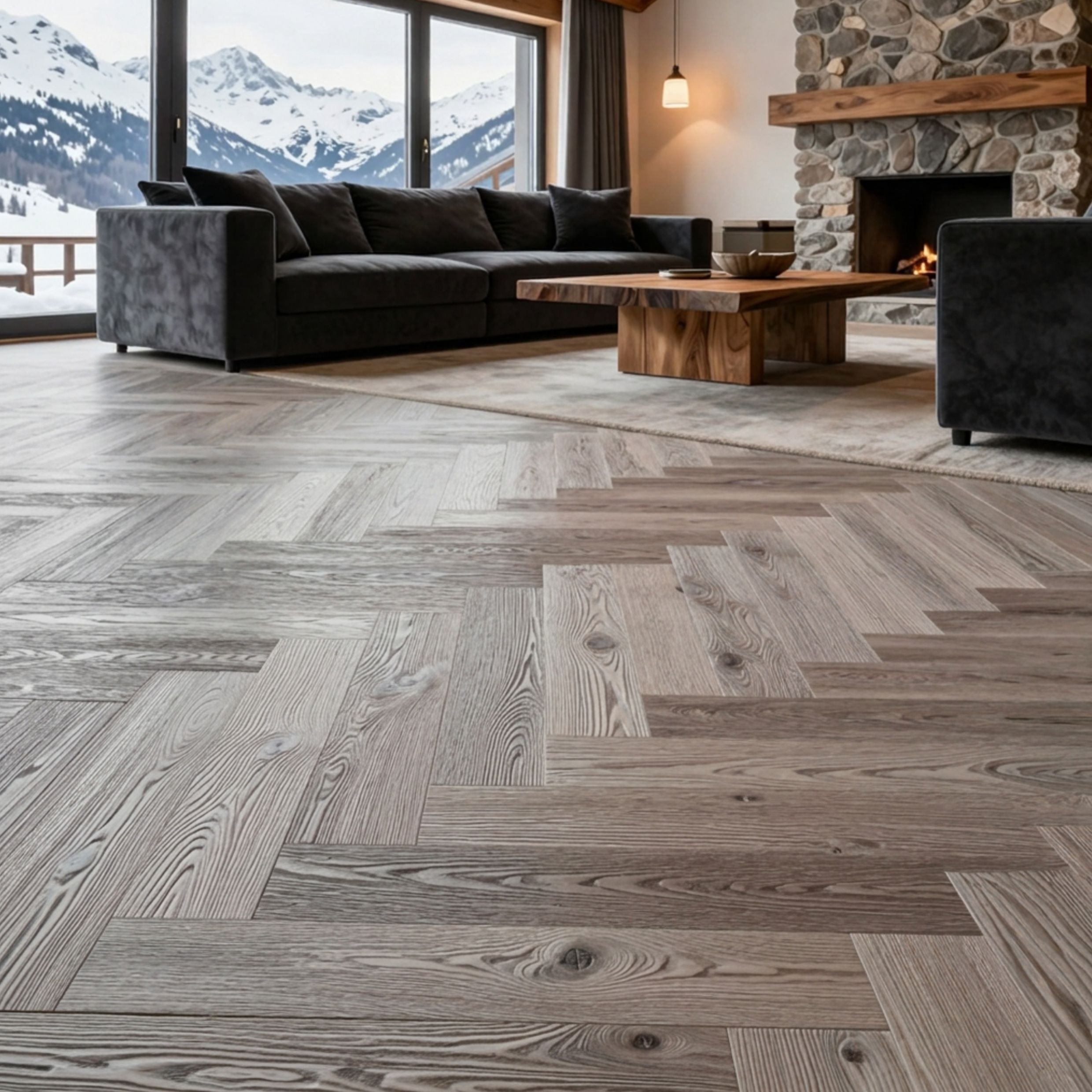 Ai room image of Luxe Timberline engineered european oak herringbone flooring.