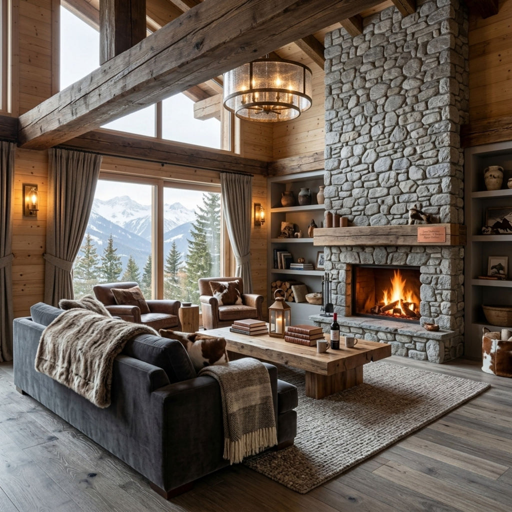 A cozy mountain-view lodge living room with a dark gray sofa, rustic wood coffee table, stone fireplace, and large windows showing snow-capped peaks outside. This is an ai image based on Engineered European Oak Luxe Timberline wide plank.