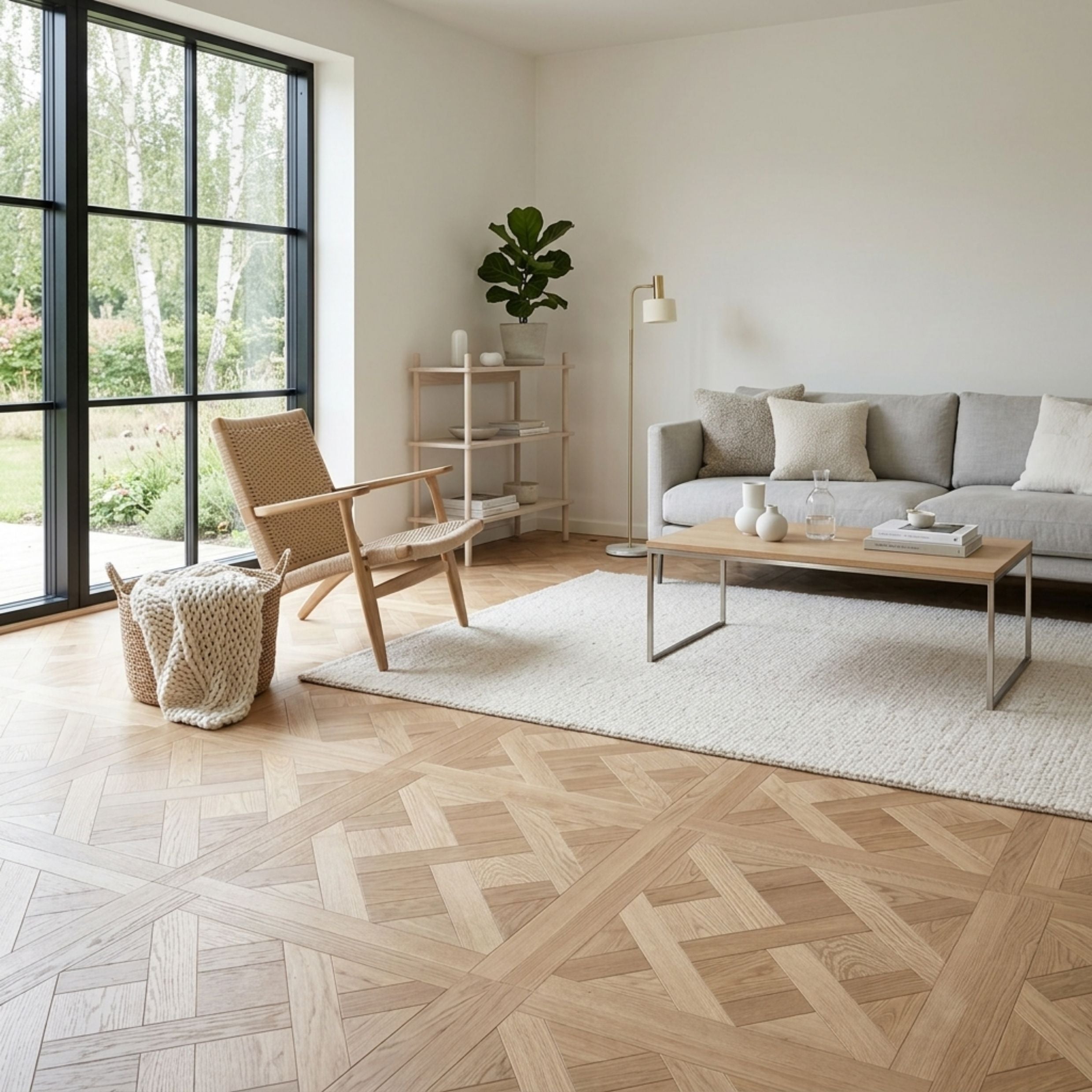 A bright, modern living room with light oak herringbone parquet flooring, a white textured area rug, a light wood coffee table, a woven armchair, and a gray sofa.
This is an ai image of Engineered European Oak Nouveau Manoir - Parquet flooring.