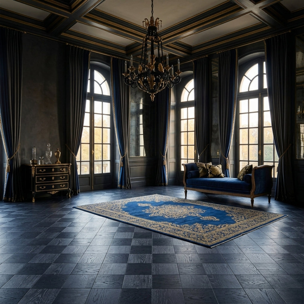 A luxurious dark blue and gold interior room with tall arched windows, heavy drapes, a large ornate chandelier, a blue velvet chaise lounge, and a patterned blue and gold rug on a dark checkered floor. Engineered European Oak Ombre Royale - Parquet is shown as the flooring. This image is ai generated.