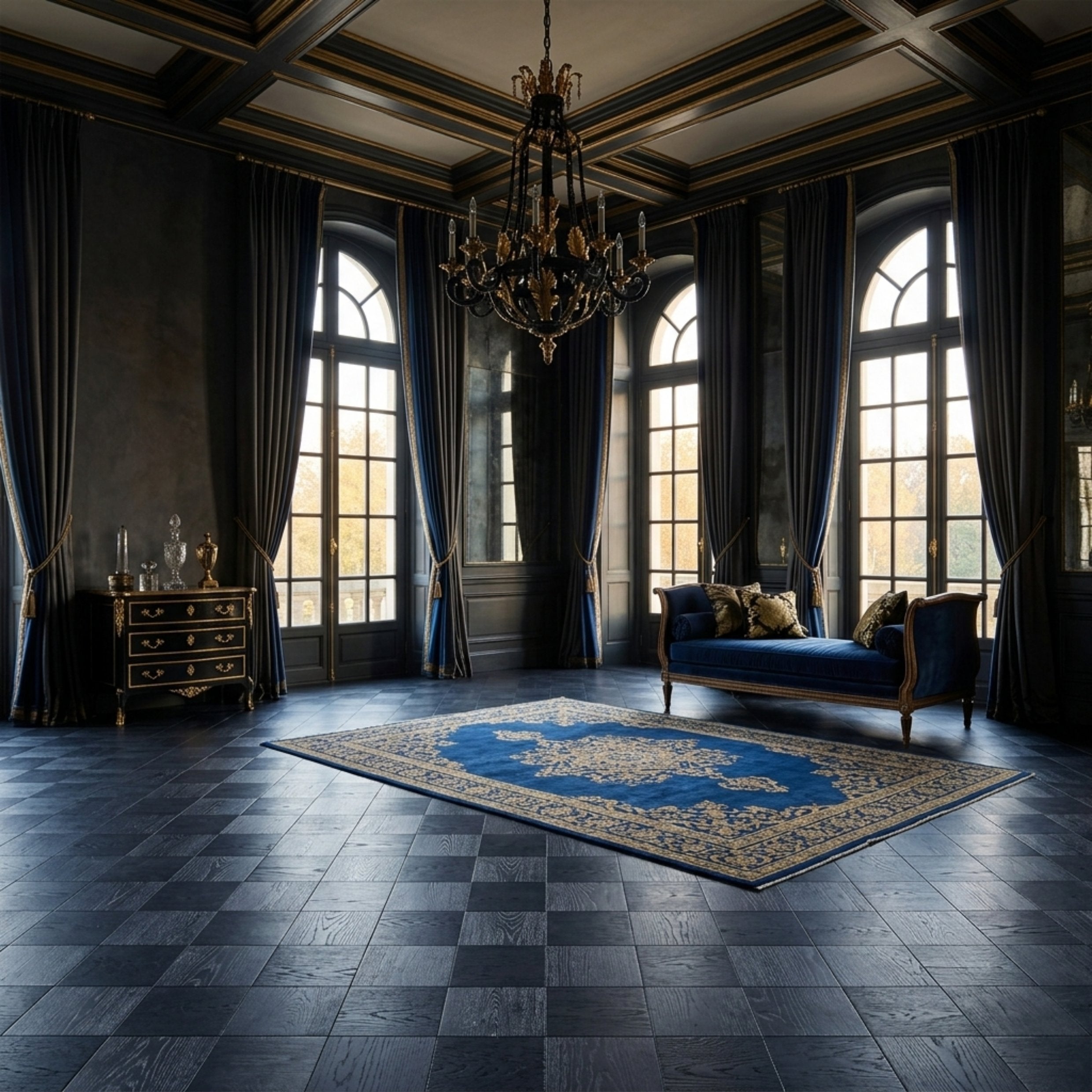 A luxurious dark blue and gold interior room with tall arched windows, heavy drapes, a large ornate chandelier, a blue velvet chaise lounge, and a patterned blue and gold rug on a dark checkered floor. Engineered European Oak Ombre Royale - Parquet is shown as the flooring. This image is ai generated.