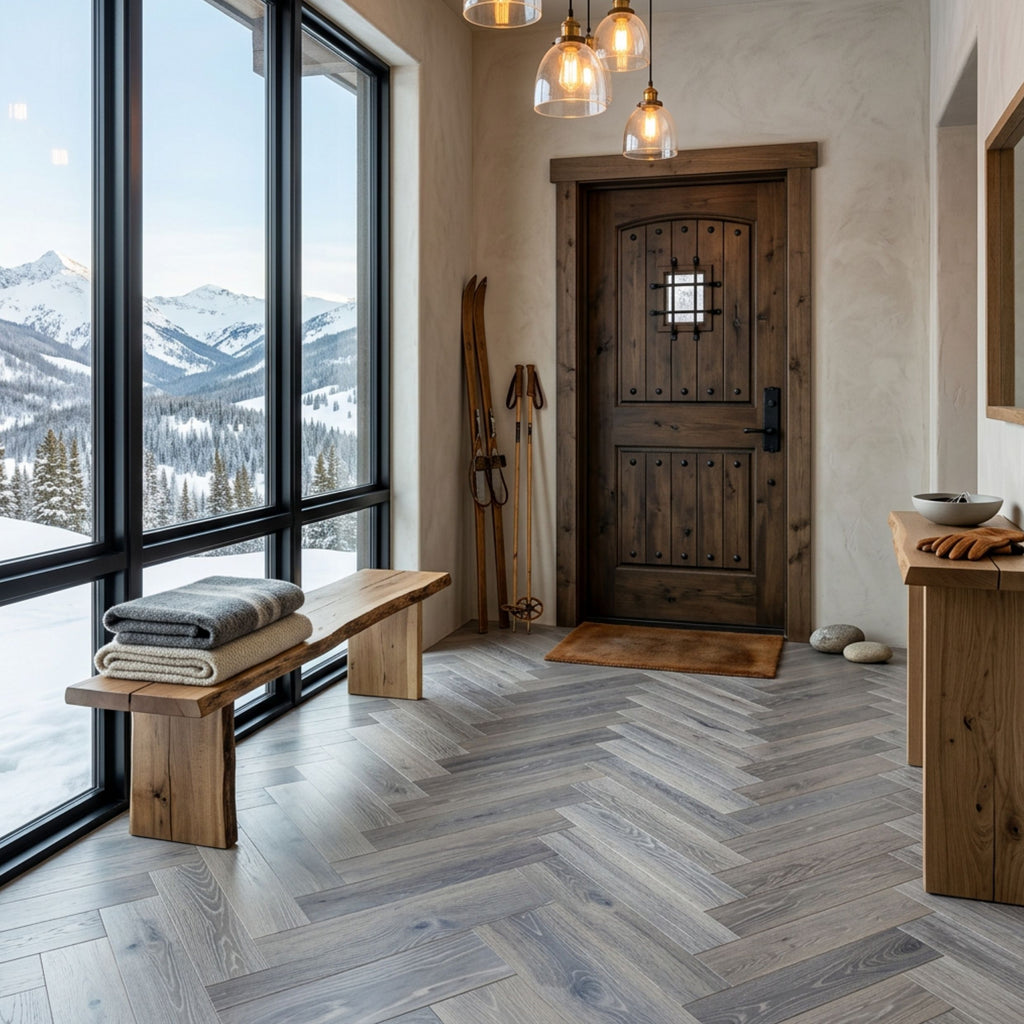 Engineered European oak Platinum Summit - Herringbone. Ai room image.