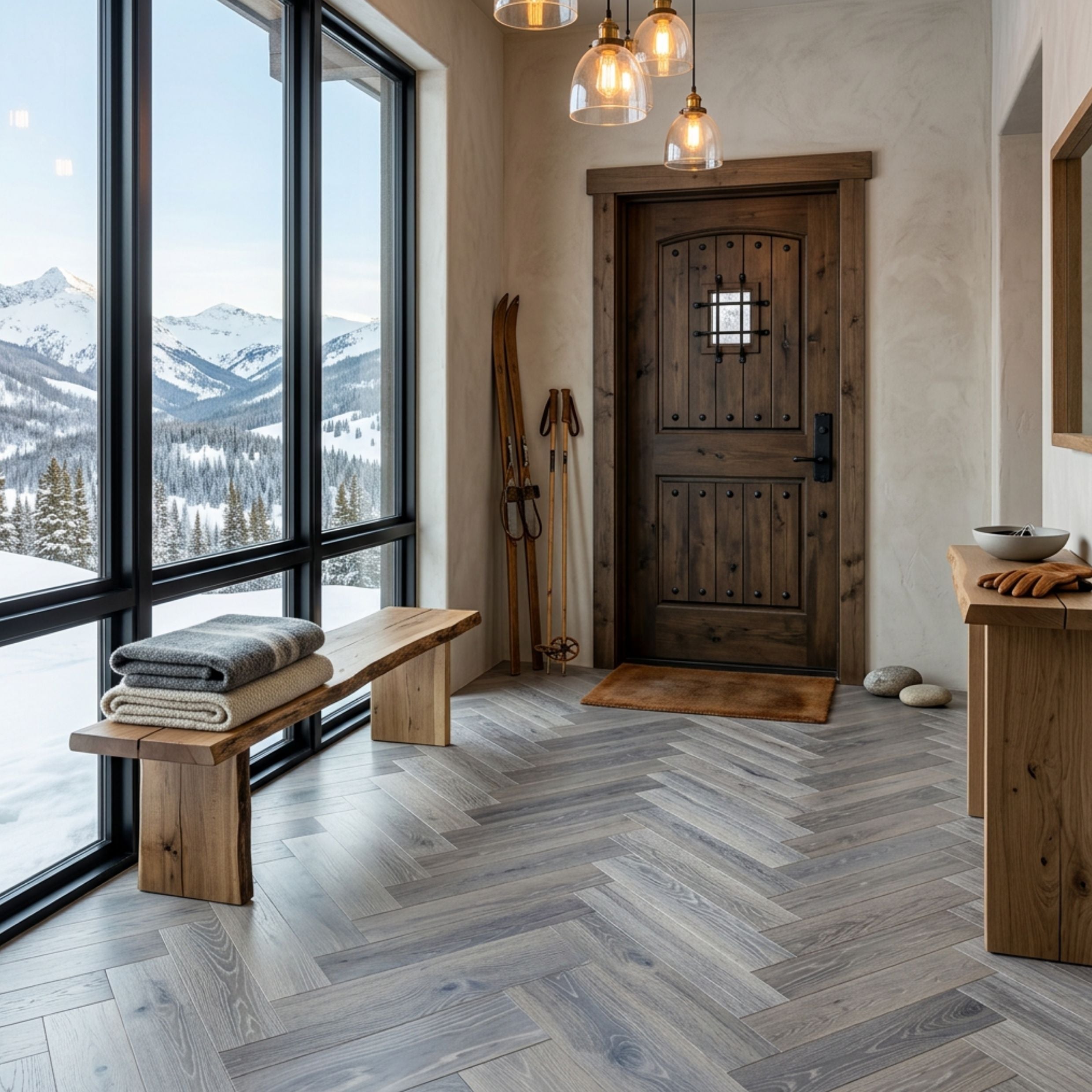 Engineered European oak Platinum Summit - Herringbone. Ai room image.