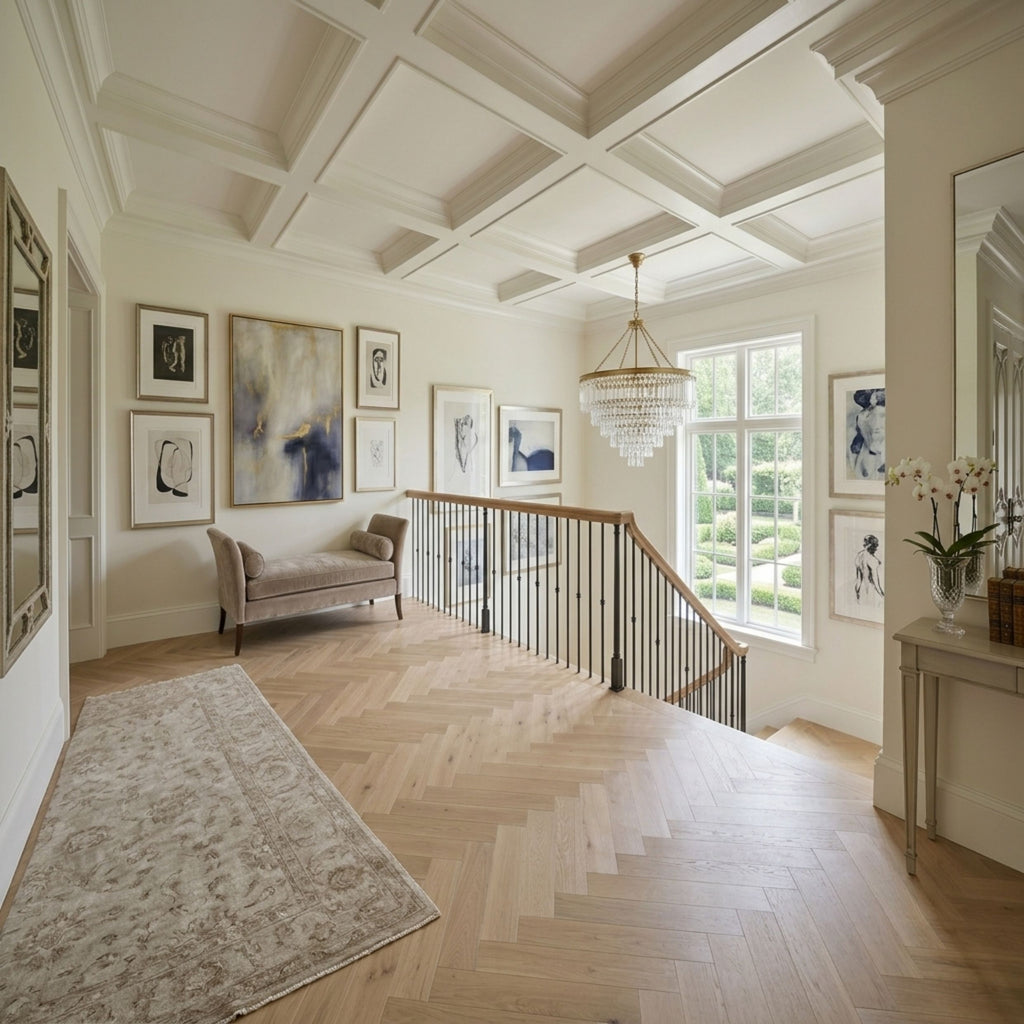 Engineered European Oak Verbier Bare - Herringbone. Ai Room image.
