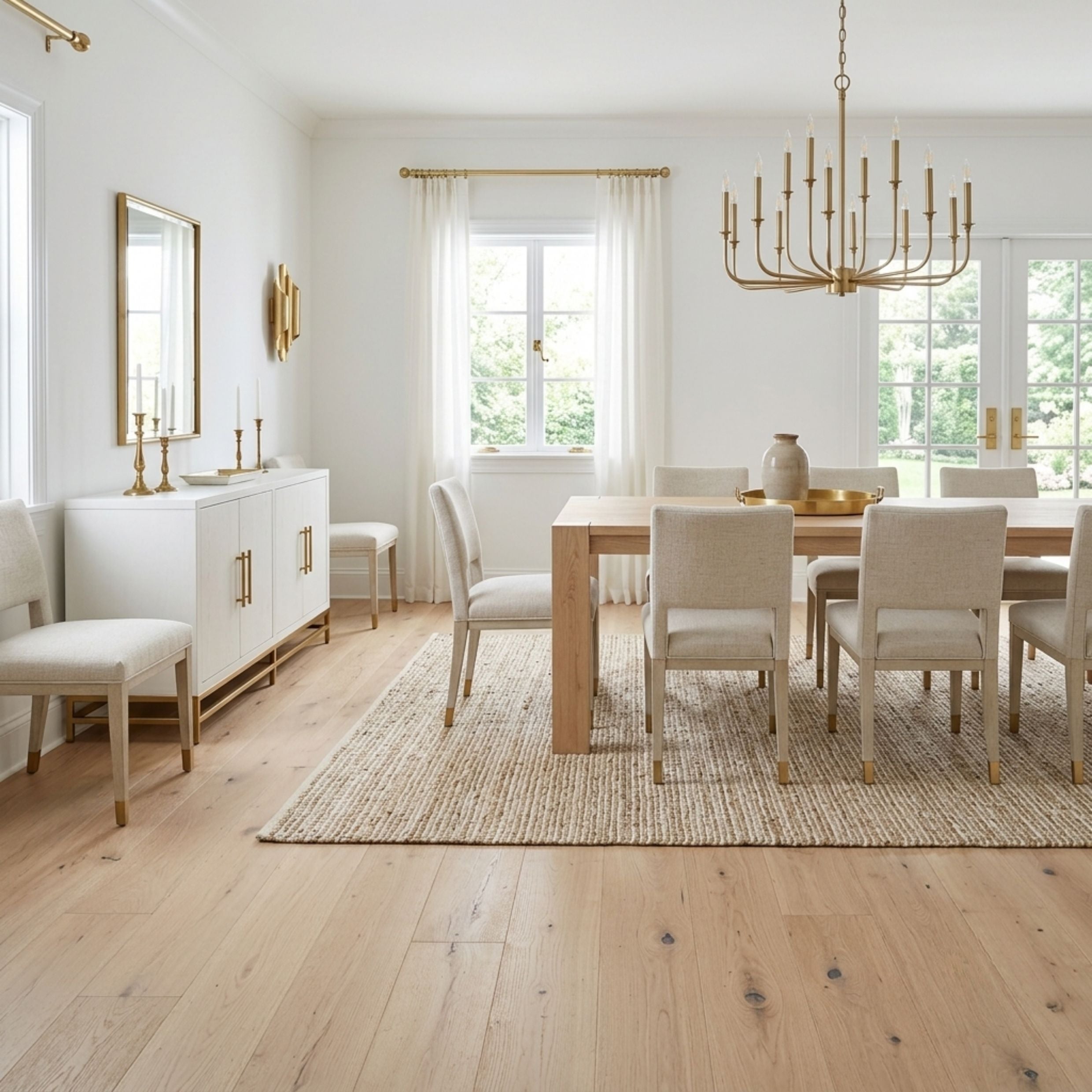 A bright, modern dining room featuring a light wood dining table and upholstered chairs on a woven jute rug, with a matching sideboard and gold accents in a white-walled room. This is an ai image of Engineered European Oak Verbier Bare wide plank.