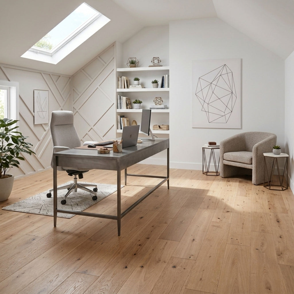 A modern home office interior with a gray wooden desk and office chair in the foreground, a gray armchair and side table on the right, light wood flooring, shelving, plants, and a skylight. This is an ai image of Engineered European Oak Verbier Bare wide plank flooring.