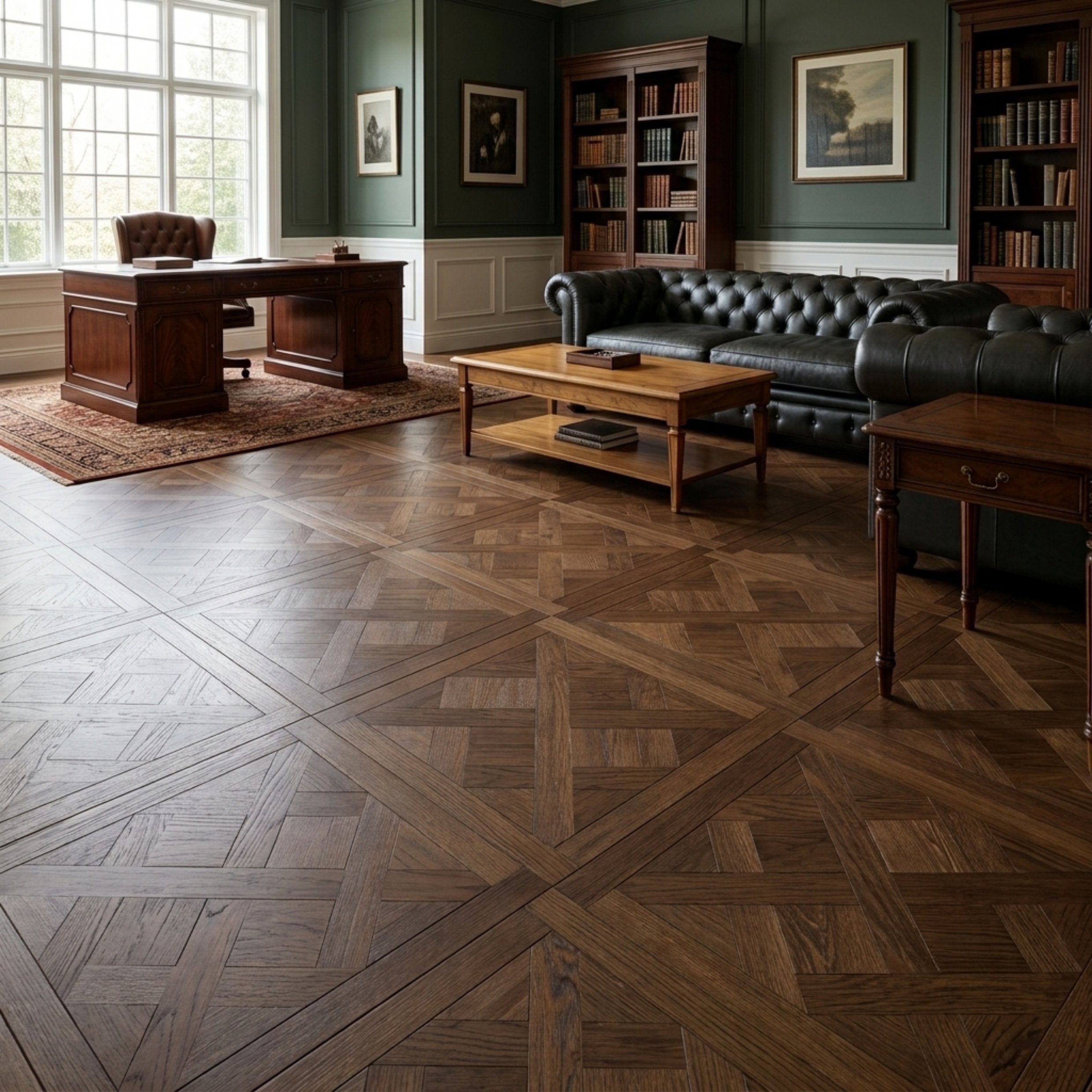 A large, elegant study or office interior featuring a dark brown herringbone and diamond parquet wood floor, dark green walls, a black leather Chesterfield sofa, a wooden desk, and bookshelves. this is an Ai image for Engineered European Oak Vieux Manoir - Parquet.