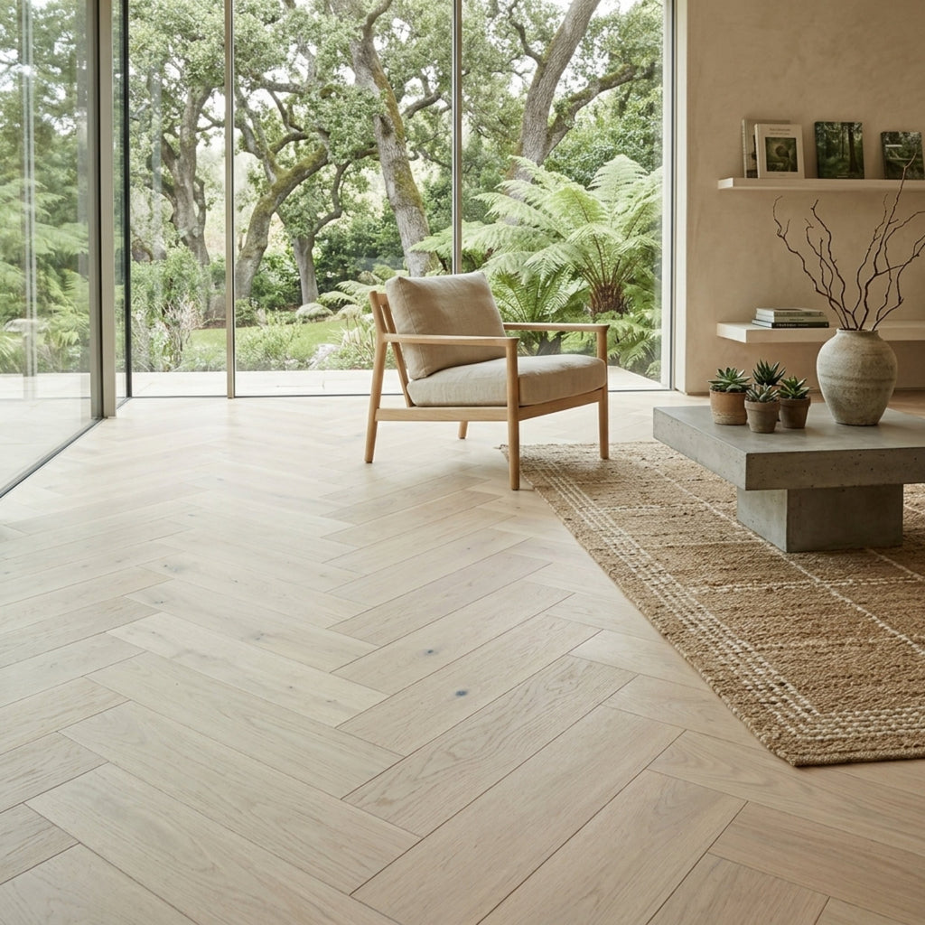 Light natural oak herringbone flooring in a modern, sunlit living room with a wooden armchair, concrete coffee table, woven rug, and large windows overlooking a lush green garden. Ai image of Engineered European Oak Whistler Ascent - Herringbone