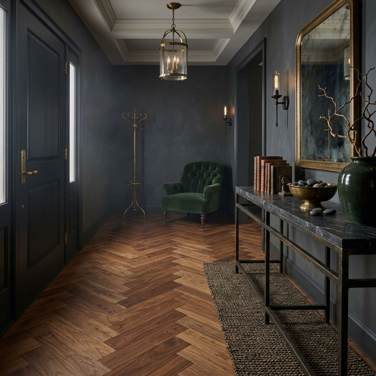 A dark, elegant hallway with herringbone wood floors, dark blue-gray walls, a green velvet armchair, a console table with a large mirror, and a hanging lantern light. this is an Ai image based on Velours Noyer  - Herringbone.