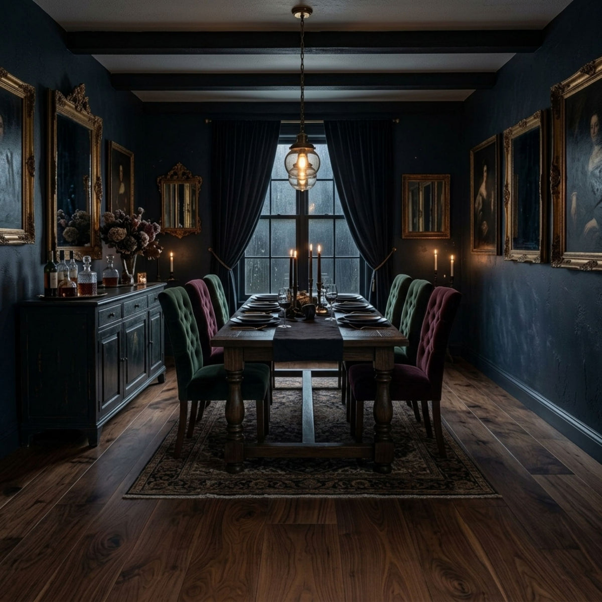 A dark, moody dining room with a wooden dining table and chairs upholstered in deep emerald and burgundy velvet, set on a patterned area rug against dark blue walls adorned with gold-framed portraits. this is an Ai Image based on Velours Noyer - Wide Plank