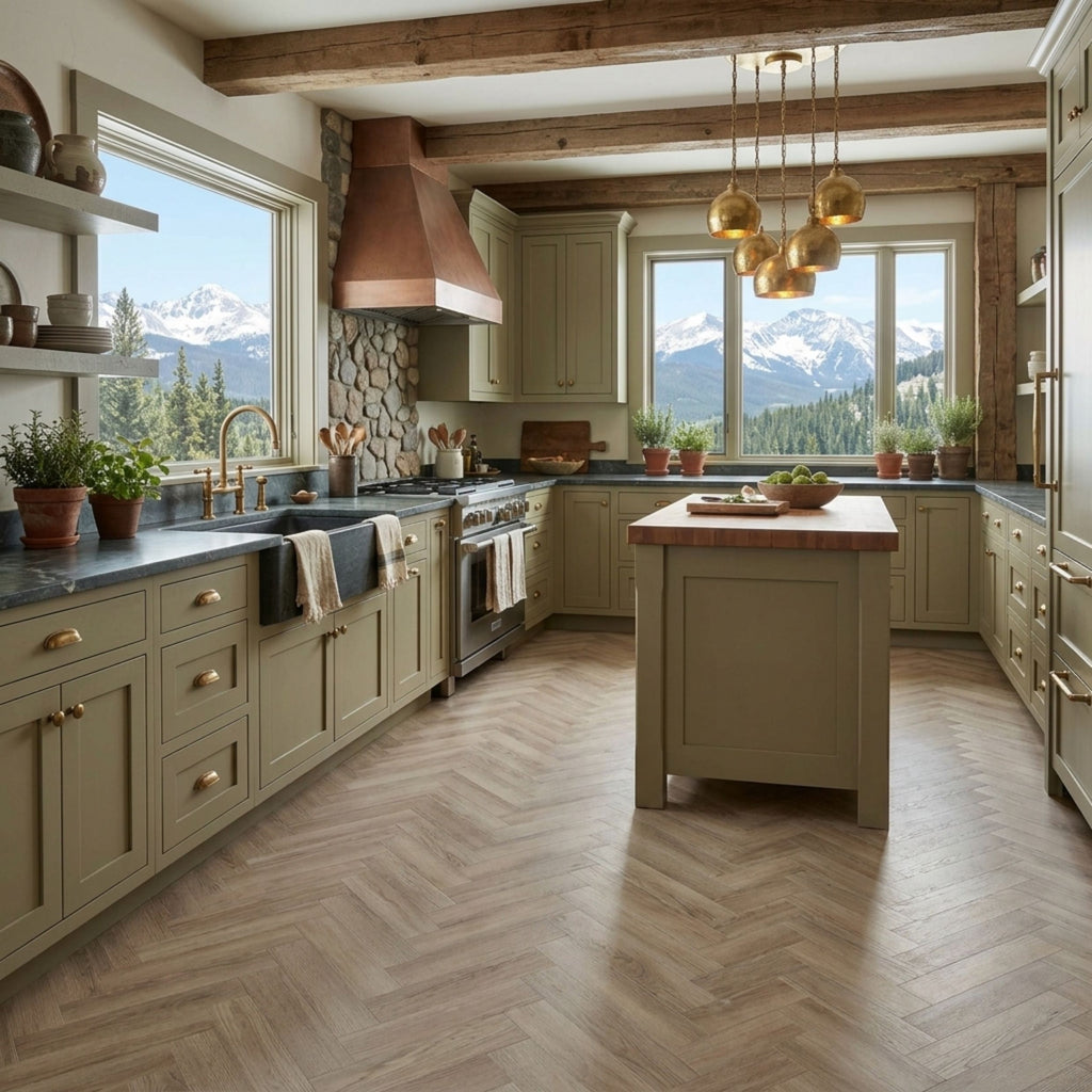 A luxury mountain-view kitchen featuring sage green shaker-style cabinets, a central island with a wood top, a large copper range hood, and light herringbone wood flooring. This is an Ai image based on Geneva Mist - Herringbone