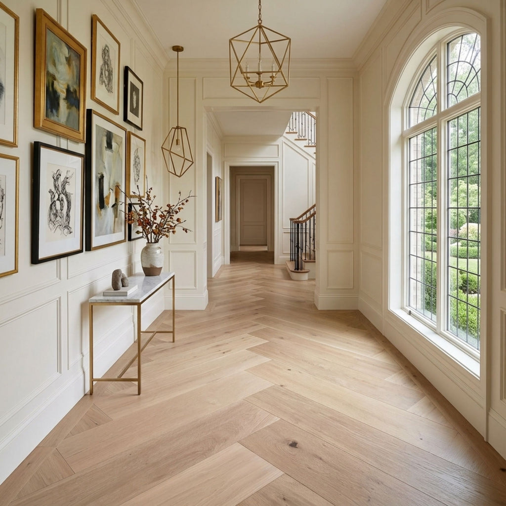 A bright, elegant hallway with light oak herringbone hardwood flooring, white paneled walls, framed artwork, and a large arched window on the right. Engineered European Oak Gstaad Glow - Herringbone: ai image.
