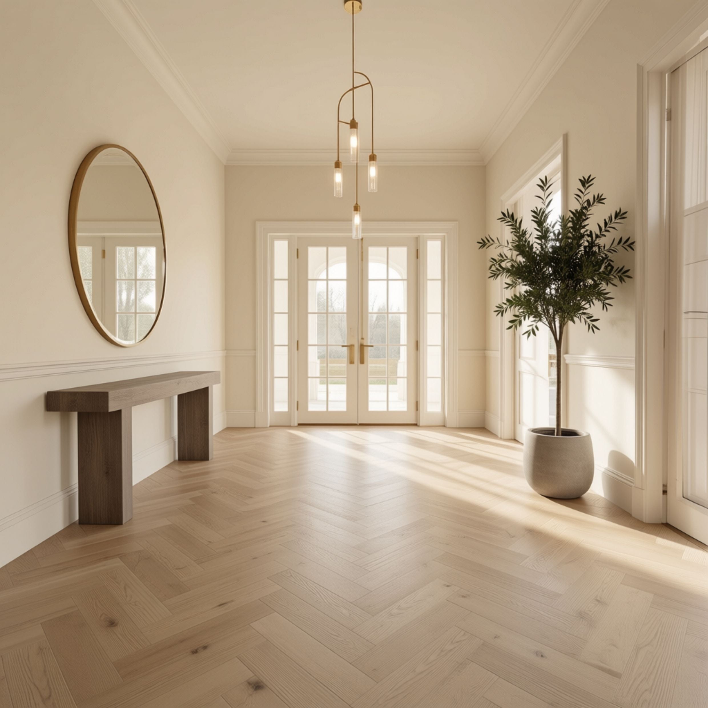 Engineered European White Oak arranged in a herringbone pattern.  Ai room image
