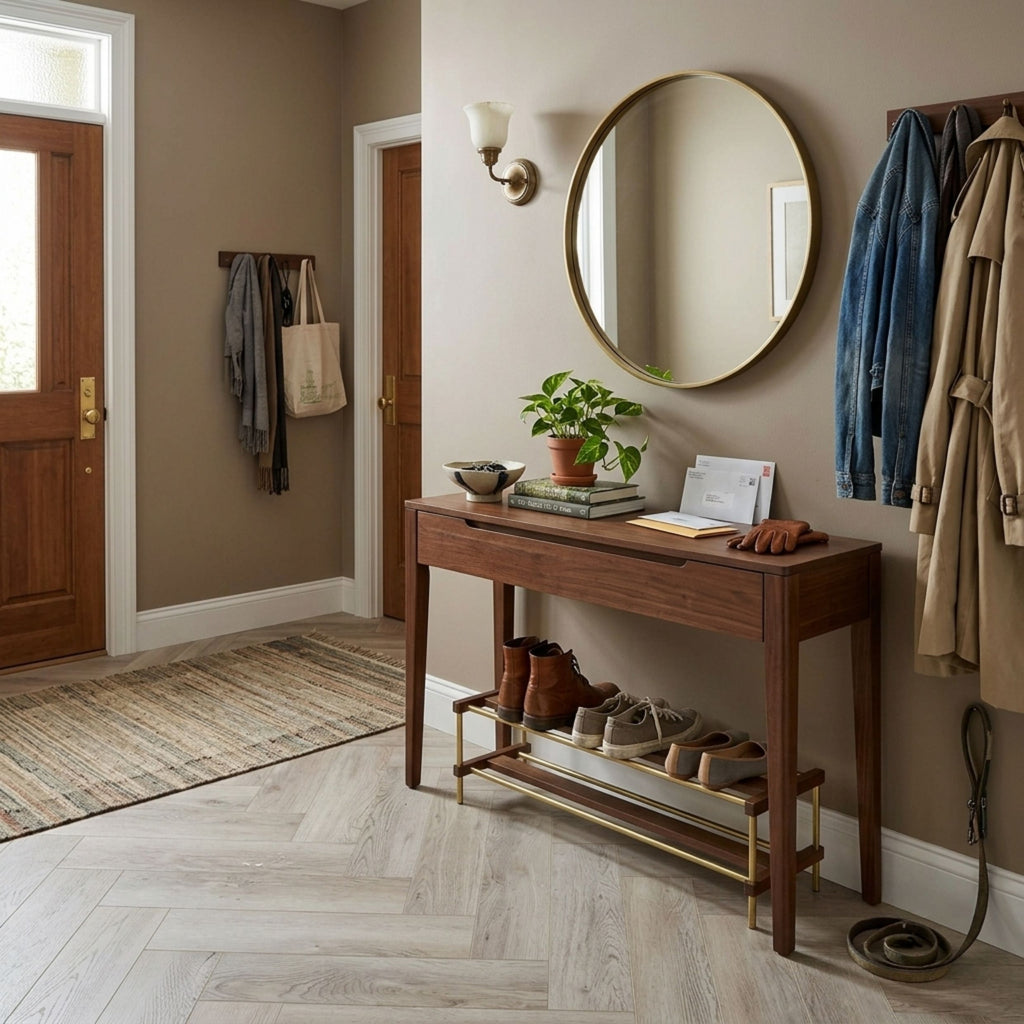 A dark brown wooden console table with a gold metal shoe rack base, styled in a warm, neutral-toned entryway with a round mirror, coat rack, and light wood flooring. This is an ai image based on Highland Ore - Herringbone