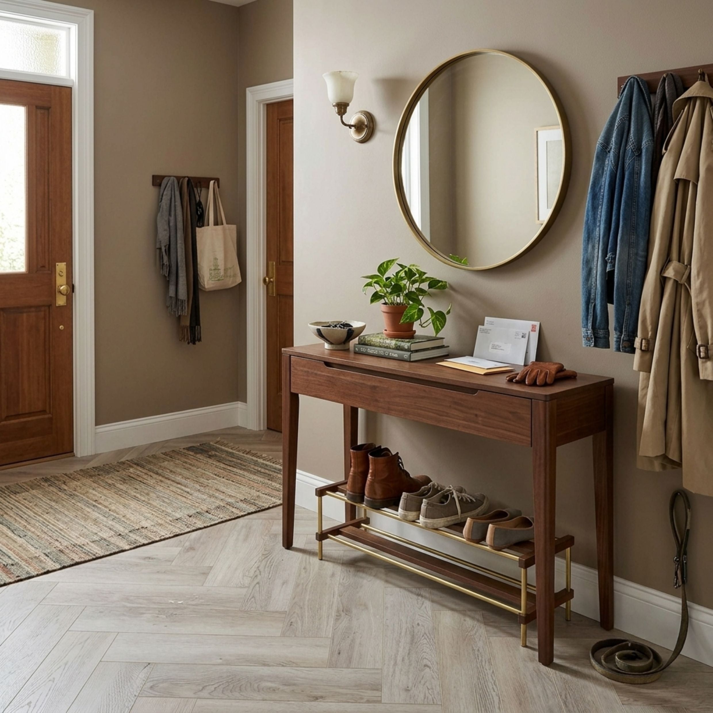 A dark brown wooden console table with a gold metal shoe rack base, styled in a warm, neutral-toned entryway with a round mirror, coat rack, and light wood flooring. This is an ai image based on Highland Ore - Herringbone