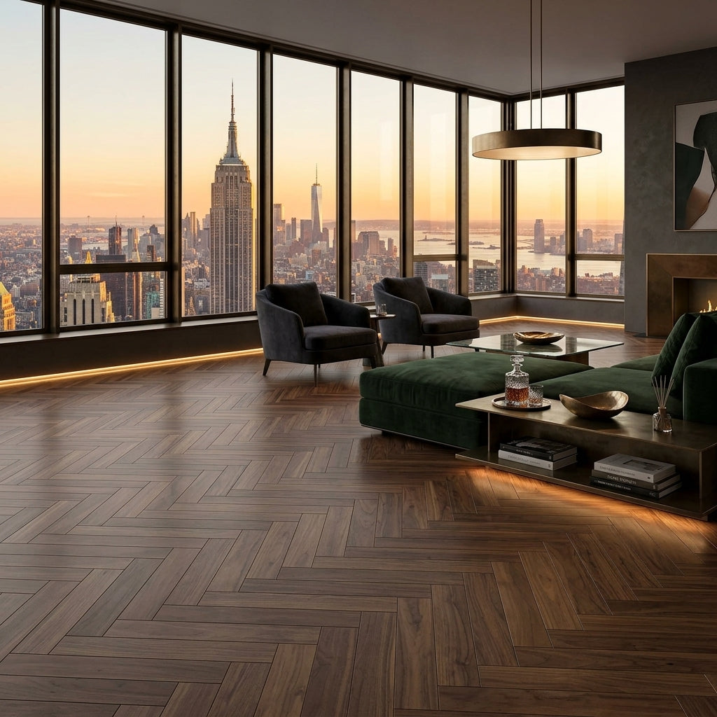 Large condo or apartment flat shown with rich deep walnut herringbone flooring. There is a velvet green chaise and a few chairs.