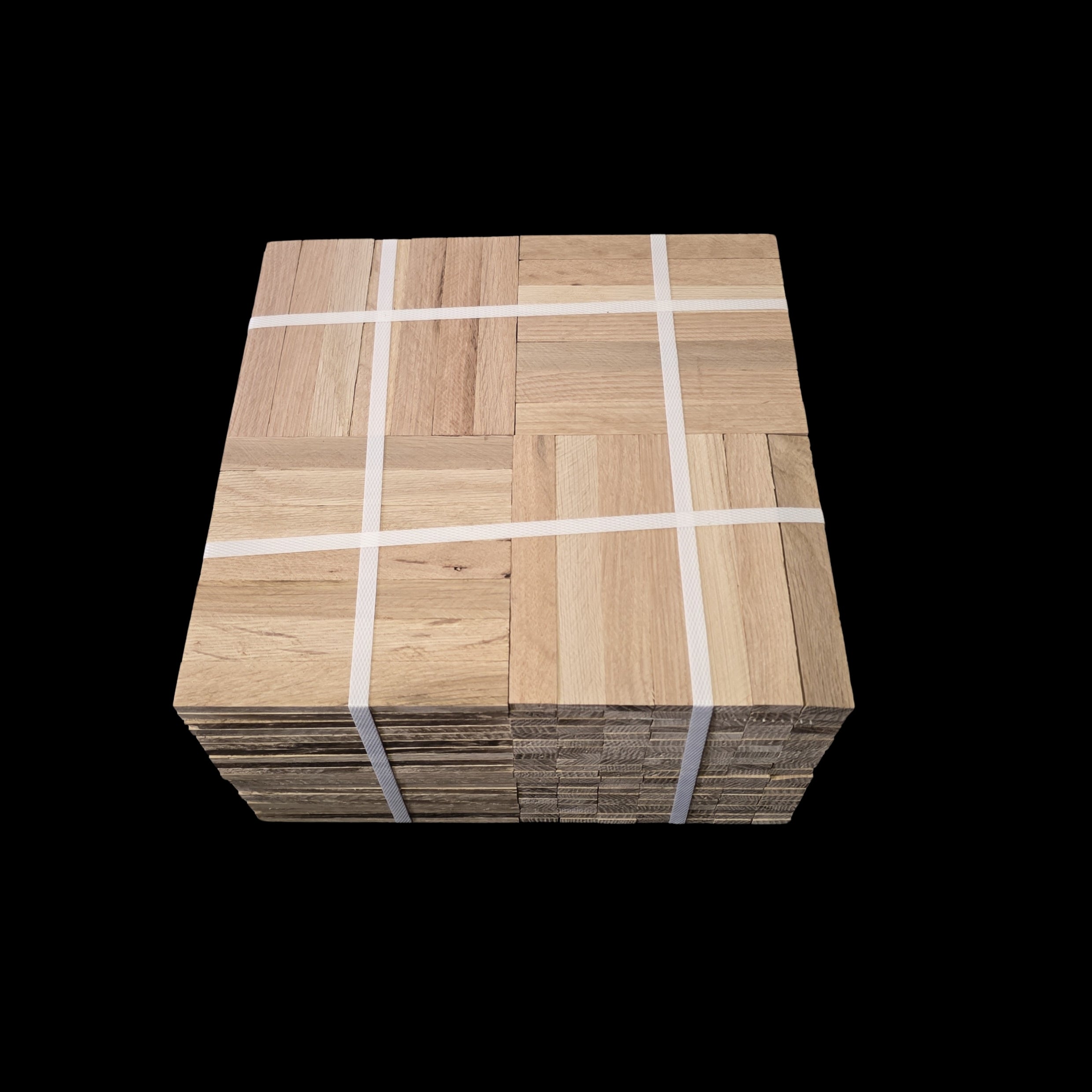 Unfinished Red Oak Parquet - 7 Fingers - 12" x 12" x 5/16" - Full Box Shown as 20 tiles stacked on top of each other. The tiles are being held together by 4 intersecting bands. Under the Bundle is a black cloth. 