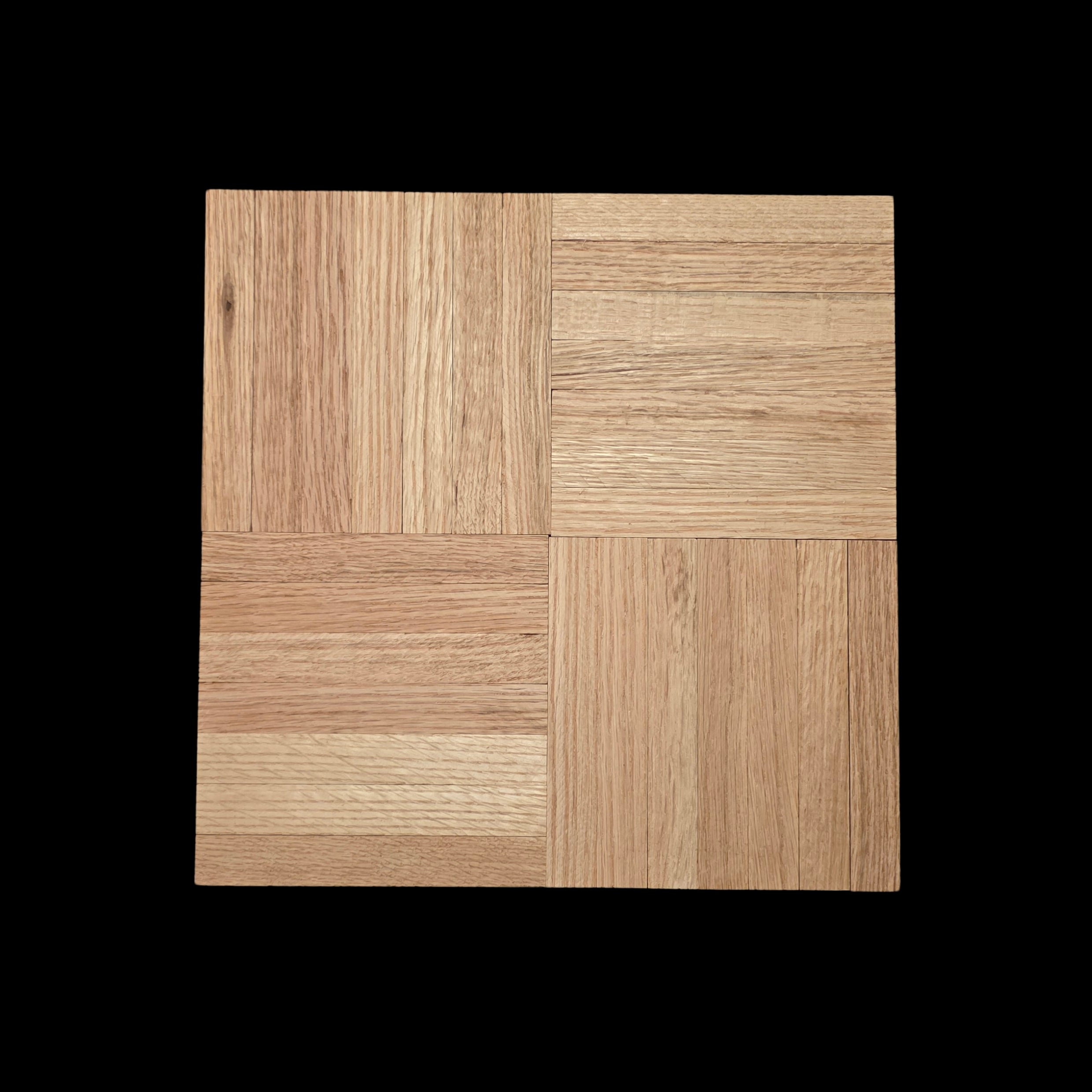 Unfinished Red Oak Parquet - 7 Fingers - 12" x 12" x 5/16" - Single Tile, shown close up with a black fabric background.