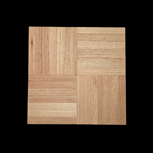 Unfinished Red Oak Parquet - 7 Fingers - 12" x 12" x 5/16" - Single Tile, shown close up with a black fabric background.