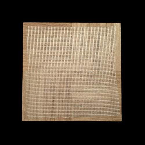 Unfinished Red Oak Parquet - 7 Fingers - 12" x 12" x 5/16" - Single Tile, shown close up with a black fabric background. This image shows the backside of the tile. With a webbed backing.