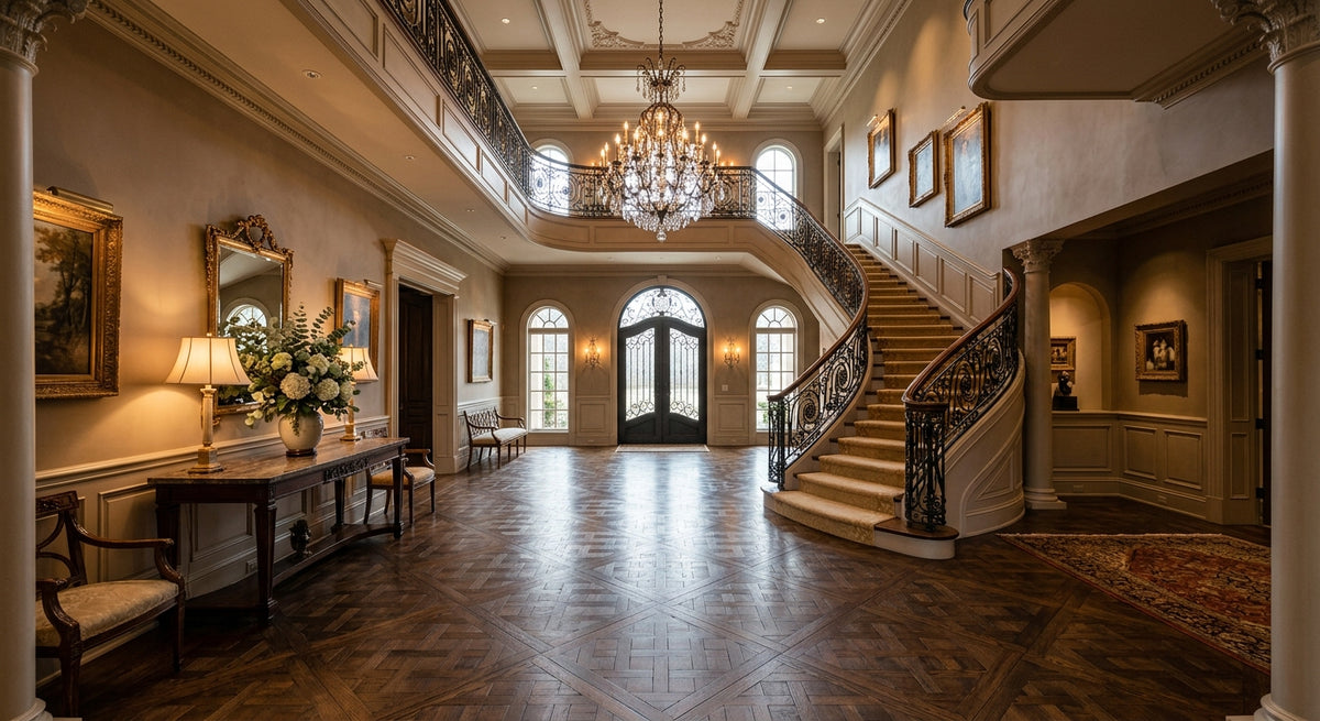 Large interior entryway shown with opulent ceilings and decor. The staircase to the right of frame boasts a rich oak banister with hand wrung iron supports. The highlight of the image is the flooring which is a white oak parquet floor in a Versailles pattern. 