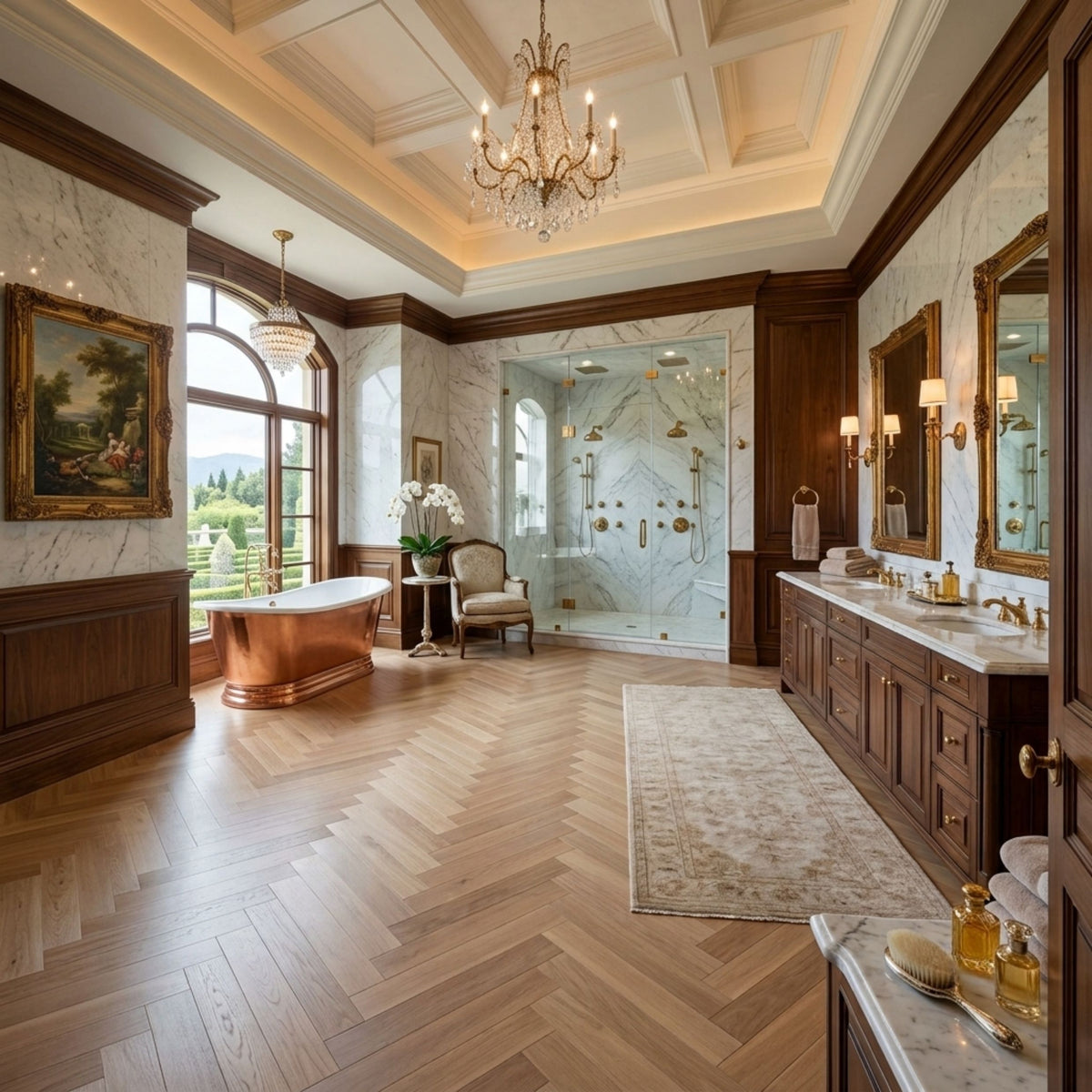 A luxurious, high-end bathroom interior featuring a herringbone wood floor, dark wood wainscoting, marble walls, a large copper freestanding tub, a glass walk-in shower, and a detailed chandelier. This is an ai image based on Valence Harvest - Herringbone