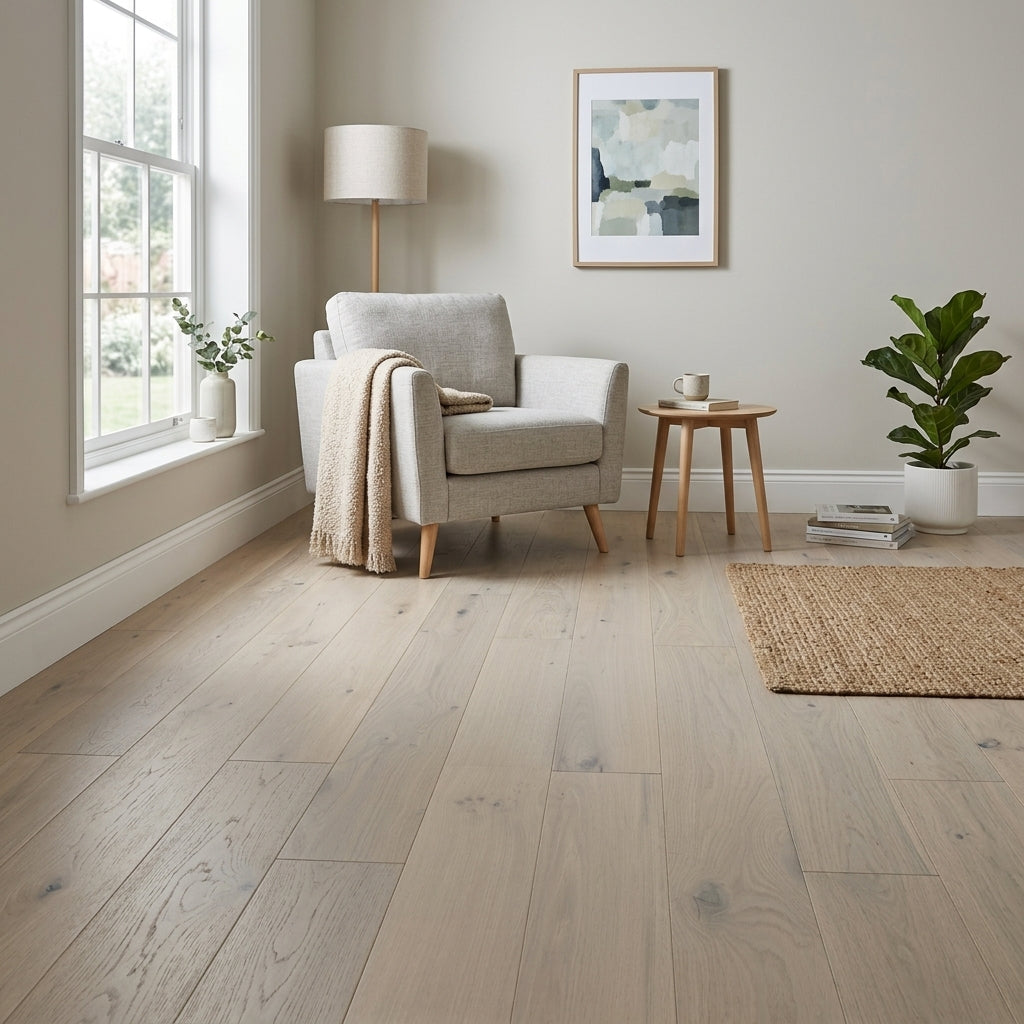 Light oak hardwood flooring shown in a bright, modern living room setting with a gray armchair, wooden side table, potted plant, and neutral wall decor. This is an ai image based on Engineered European oak Whistler Ascent - Wide Plank.