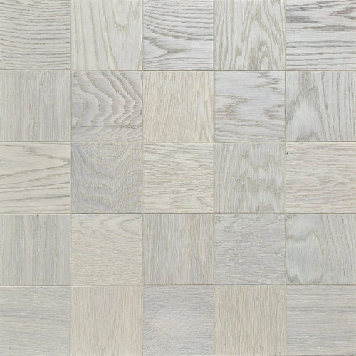 Light gray and off-white wood-look square tiles arranged in a grid pattern, showing varied grain textures. Engineered European Oak Loire Mist Parquet flooring.
