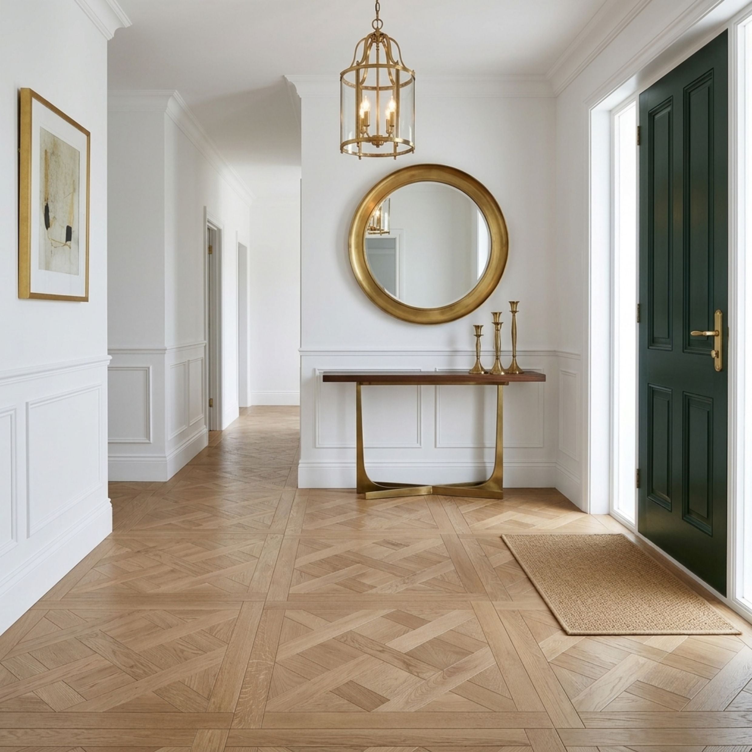 A bright, elegant entryway with light wood herringbone flooring, a gold-framed round mirror, a wooden console table with gold legs, and a dark green front door on the right. This is an ai image based on engineered European oak Gstaad Glow Parquet Tile.