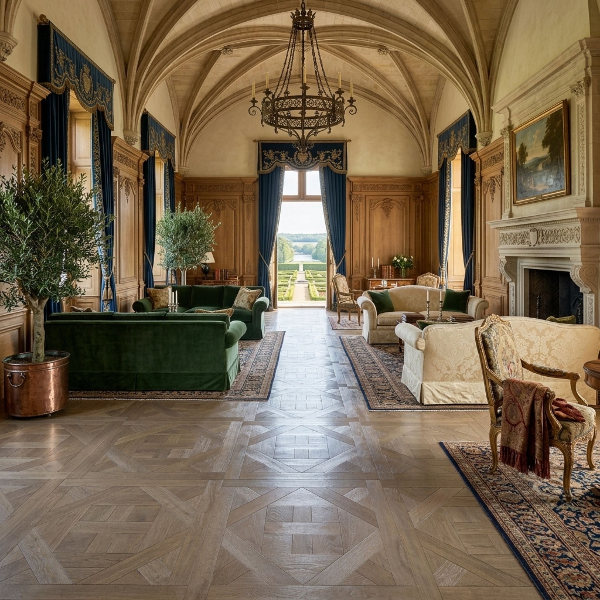 A grand, elegant interior room with high arched ceilings, wood-paneled walls, a large chandelier, green velvet sofas, patterned rugs, and a fireplace. No people or animals are present. Ai image based on Engineered European oak ember valley parquet tile.