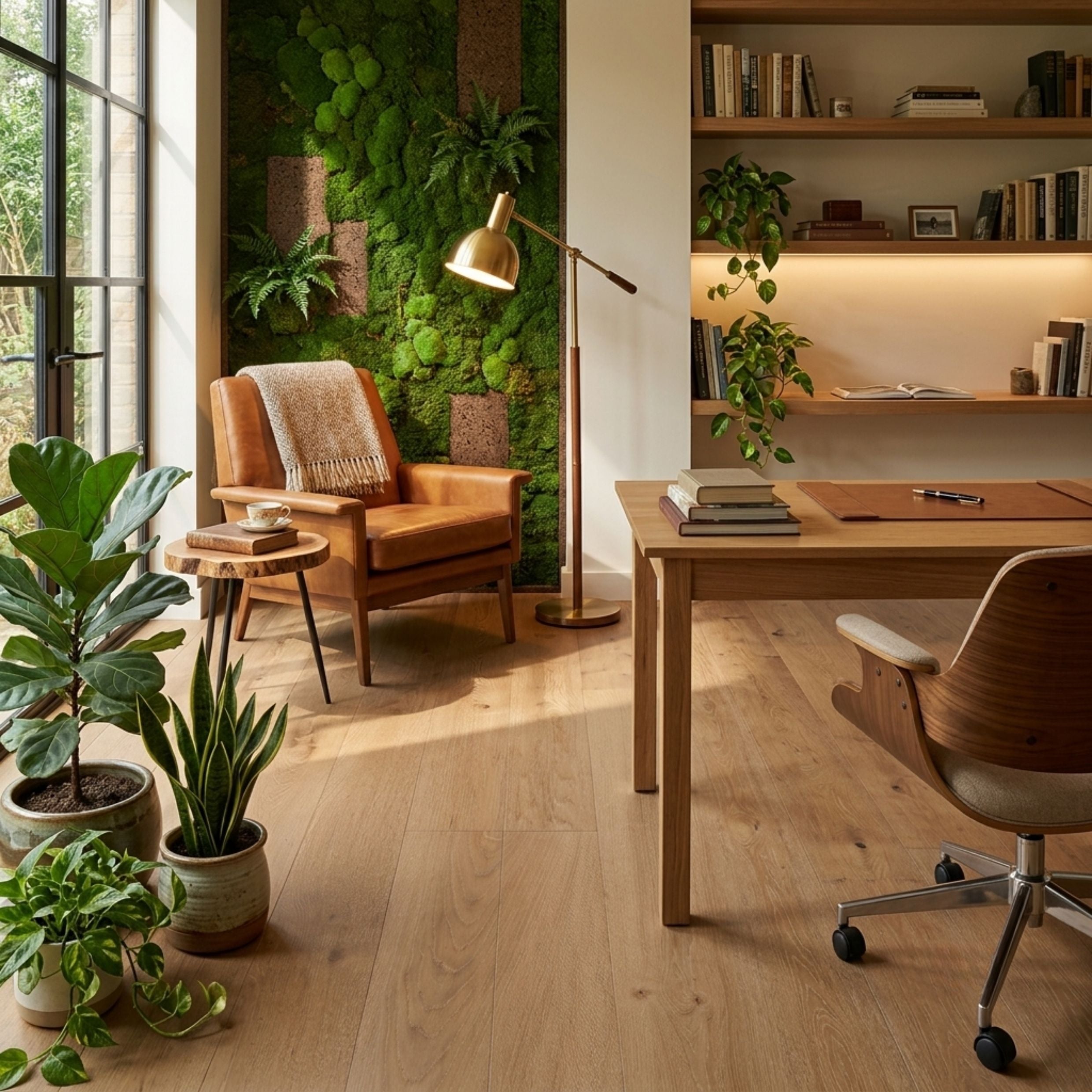 A modern home office interior with a light oak wood desk, matching office chair, adjustable floor lamp, and a warm brown leather armchair. The room features a prominent green moss wall, a window with natural light, and several potted plants on the floor and shelves. Ai image of Engineered European oak hearthside Oak wide plank.