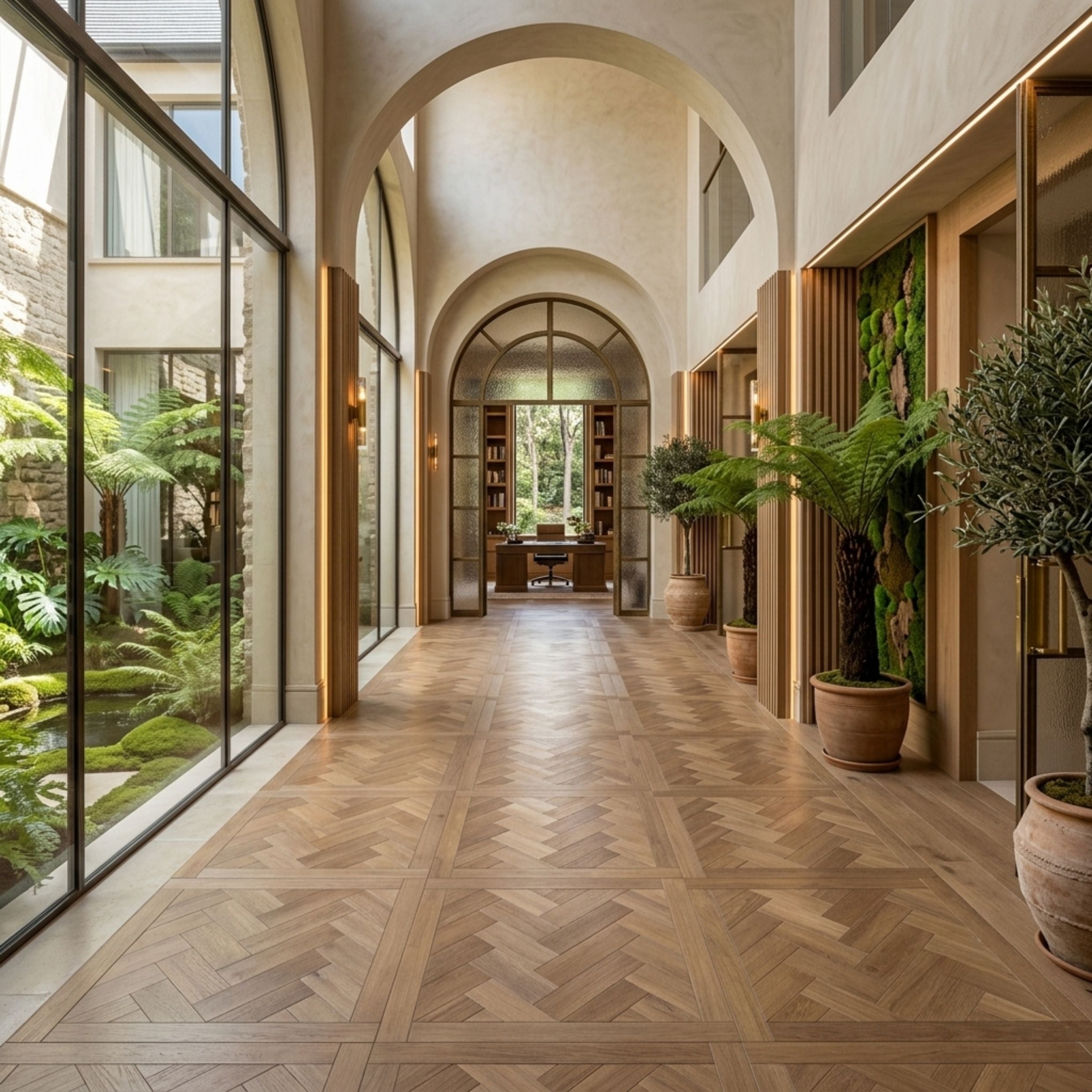 A long, elegant interior hallway with arched ceilings, warm wood flooring in a herringbone pattern, large glass windows, and multiple potted plants along the right side. This is an ai image based on engineered European oak hearthside Oak parquet.