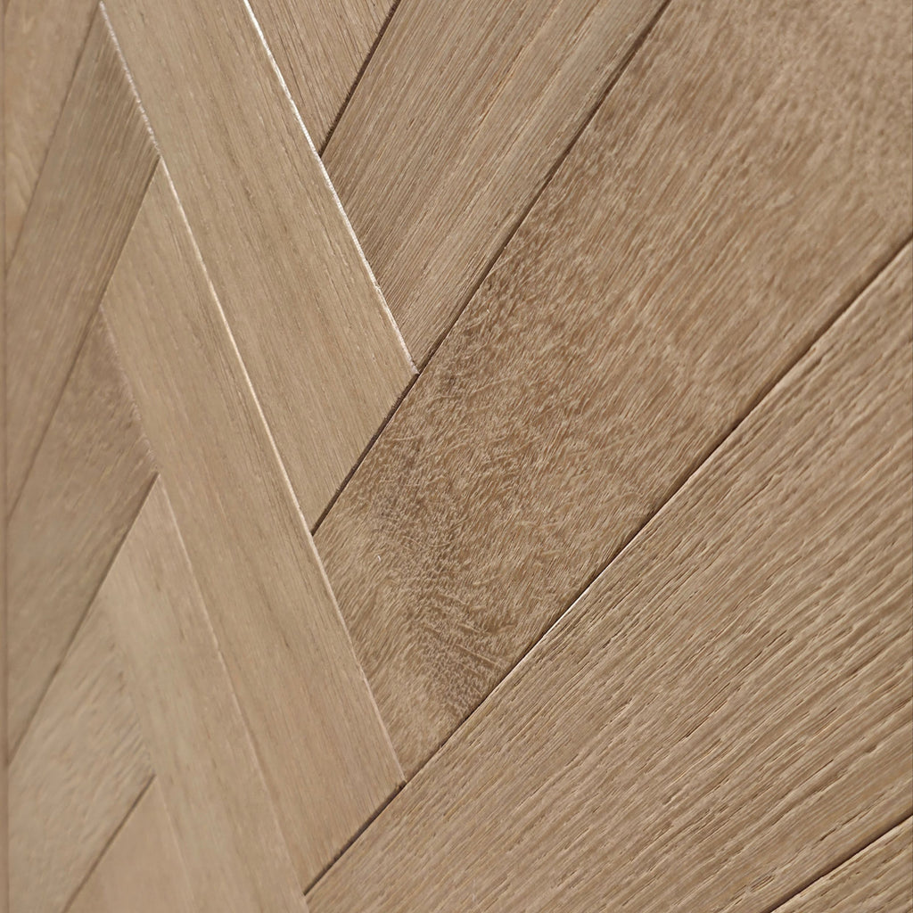 Close-up of light oak wood planks arranged in a herringbone pattern, showing natural wood grain and warm beige-brown tones. engineered European oak hearthside Oak parquet is shown.